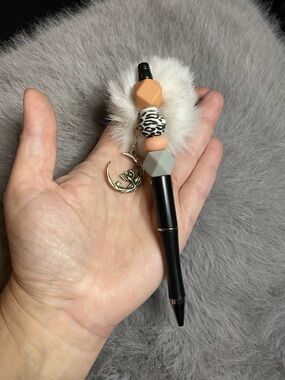Beaded Pom-Pom Pen with Moon Charm - Peach & Gray